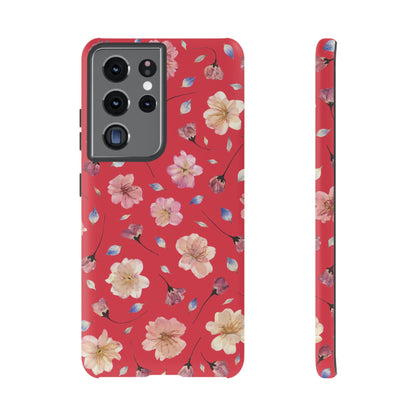 Coque Téléphone Samsung, iPhone & Google Pixel Renforcée Mate – Design Floral Fleurs de Cerisier sur Fond Rouge Féminin | Protection Antichoc | Idée Cadeau Femme