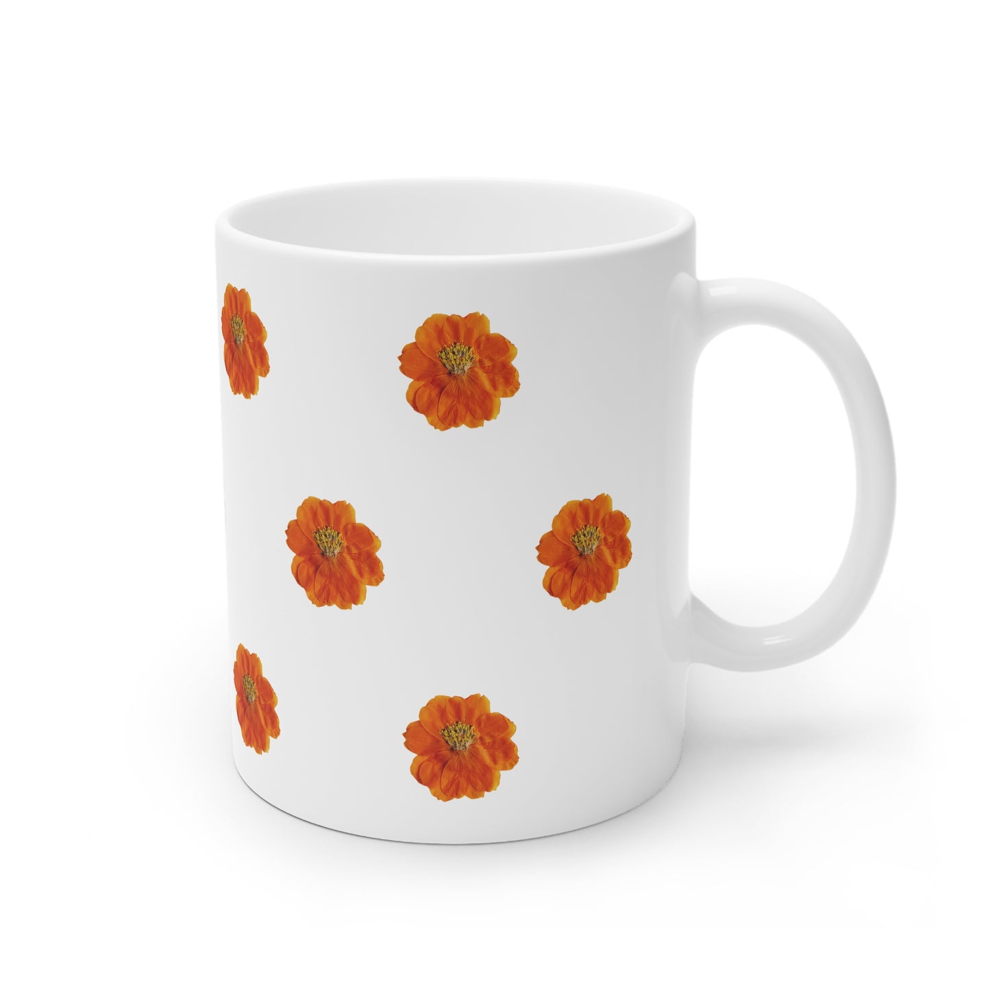 Mug Céramique Botanique Cosmos orange | Tasse Florale Blanche 325ml – Idée Cadeau Amateurs de Fleurs & Déco Printanière