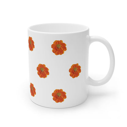 Mug Céramique Botanique Cosmos orange | Tasse Florale Blanche 325ml – Idée Cadeau Amateurs de Fleurs & Déco Printanière