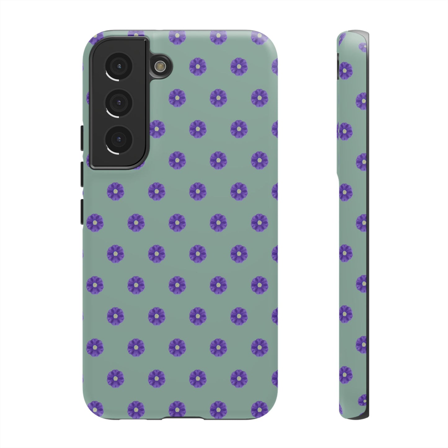 Coque Téléphone Samsung, iPhone & Google Pixel Renforcée Mate – Design Floral Epuré Fleurs de Primevère sur Fond Vert Eucalyptus | Protection Antichoc | Idée Cadeau Anniverssaire