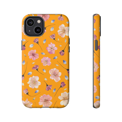 Coque Téléphone Samsung, iPhone & Google Pixel Renforcée Mate – Design Floral Fleurs de Cerisier sur Fond Couleur Curcuma| Protection Antichoc | Idée Cadeau Femme