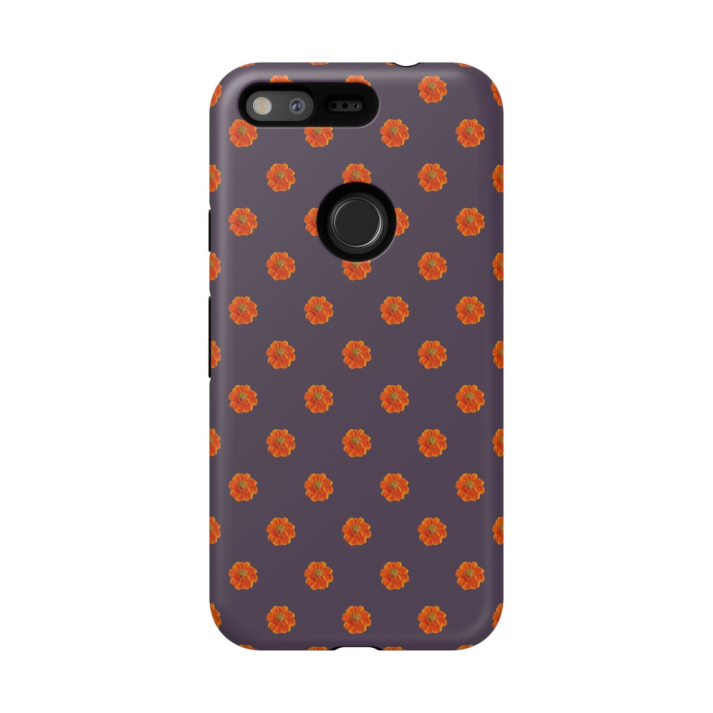 Coque Téléphone Samsung, iPhone & Google Pixel Renforcée Mate – Design Floral Epuré Fleurs de Cosmos Orange sur Fond Couleur Prune | Protection Antichoc | Idée Cadeau Femme