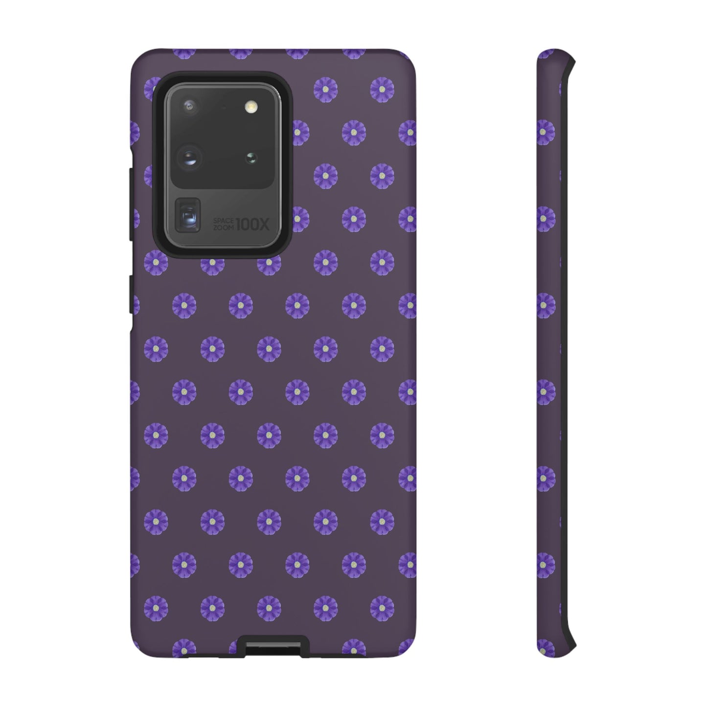 Coque Téléphone Samsung, iPhone & Google Pixel Renforcée Mate – Design Floral Epuré Fleurs de Primevère sur Fond Couleur Prune| Protection Antichoc | Idée Cadeau Femme
