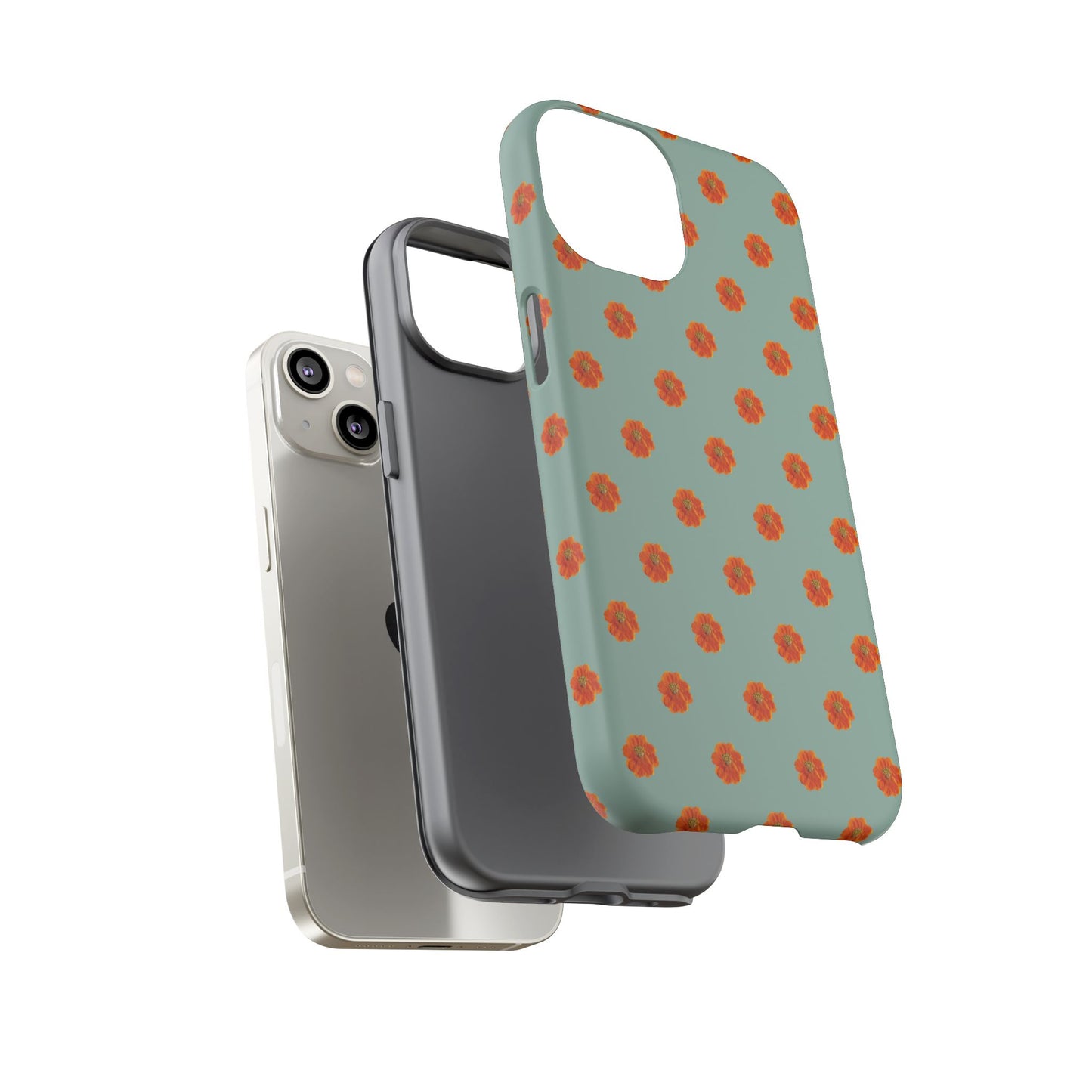 Coque Téléphone Samsung, iPhone & Google Pixel Renforcée Mate – Design Floral Epuré Fleurs de Cosmos Orange sur Fond Vert Eucalyptus | Protection Antichoc | Idée Cadeau Femme