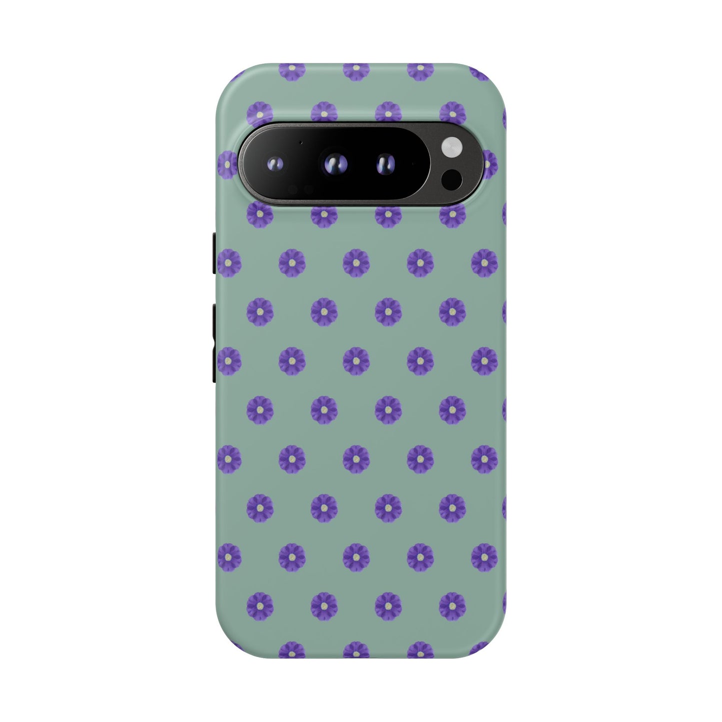 Coque Téléphone Samsung, iPhone & Google Pixel Renforcée Mate – Design Floral Epuré Fleurs de Primevère sur Fond Vert Eucalyptus | Protection Antichoc | Idée Cadeau Anniverssaire