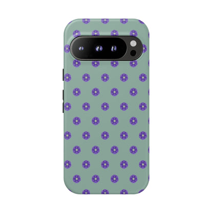 Coque Téléphone Samsung, iPhone & Google Pixel Renforcée Mate – Design Floral Epuré Fleurs de Primevère sur Fond Vert Eucalyptus | Protection Antichoc | Idée Cadeau Anniverssaire