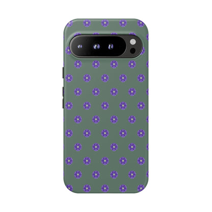 Coque Téléphone Samsung, iPhone & Google Pixel Renforcée Mate – Design Floral Epuré Fleurs de Primevère sur Fond Vert Minéral | Protection Antichoc | Idée Cadeau Femme