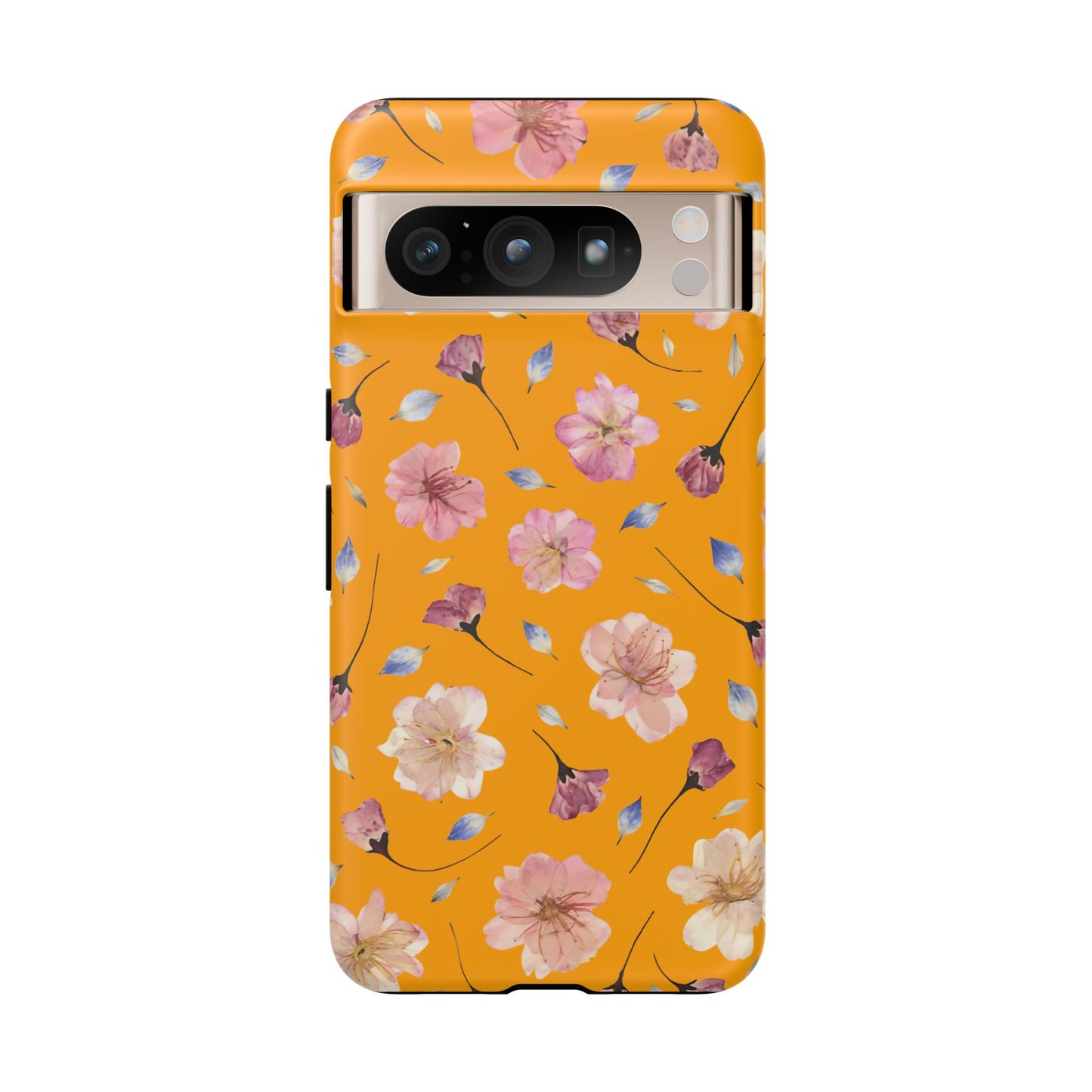 Coque Téléphone Samsung, iPhone & Google Pixel Renforcée Mate – Design Floral Fleurs de Cerisier sur Fond Couleur Curcuma| Protection Antichoc | Idée Cadeau Femme