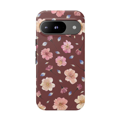 Coque Téléphone Samsung, iPhone & Google Pixel Renforcée Mate – Design Floral Fleurs de Cerisier sur Fond Bordeaux | Protection Antichoc | Idée Cadeau Pour Elle