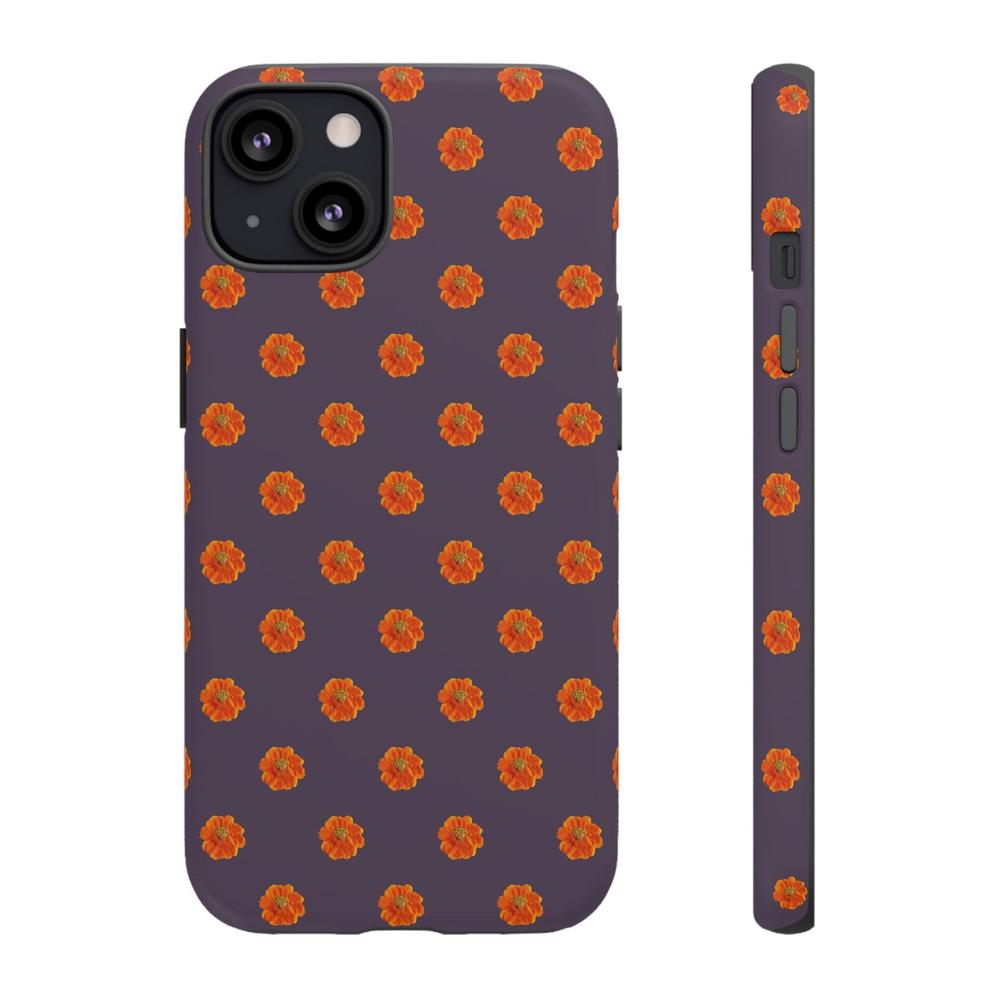 Coque Téléphone Samsung, iPhone & Google Pixel Renforcée Mate – Design Floral Epuré Fleurs de Cosmos Orange sur Fond Couleur Prune | Protection Antichoc | Idée Cadeau Femme