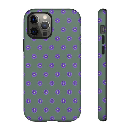 Coque Téléphone Samsung, iPhone & Google Pixel Renforcée Mate – Design Floral Epuré Fleurs de Primevère sur Fond Vert Minéral | Protection Antichoc | Idée Cadeau Femme