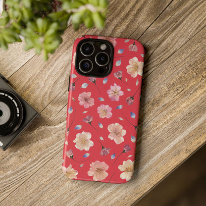 Coque Téléphone Samsung, iPhone & Google Pixel Renforcée Mate – Design Floral Fleurs de Cerisier sur Fond Rouge Féminin | Protection Antichoc | Idée Cadeau Femme