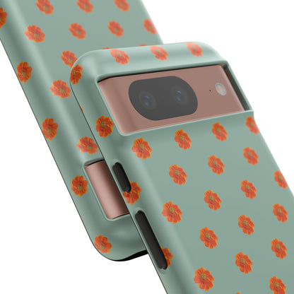 Coque Téléphone Samsung, iPhone & Google Pixel Renforcée Mate – Design Floral Epuré Fleurs de Cosmos Orange sur Fond Vert Eucalyptus | Protection Antichoc | Idée Cadeau Femme