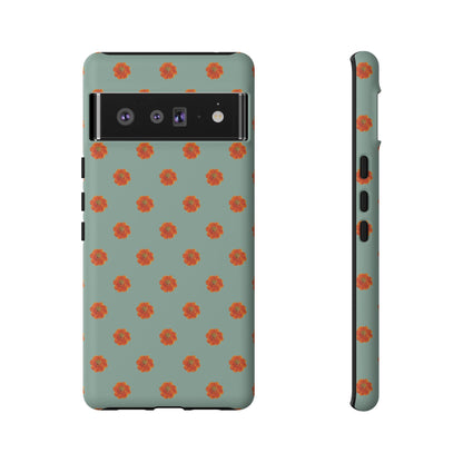 Coque Téléphone Samsung, iPhone & Google Pixel Renforcée Mate – Design Floral Epuré Fleurs de Cosmos Orange sur Fond Vert Eucalyptus | Protection Antichoc | Idée Cadeau Femme