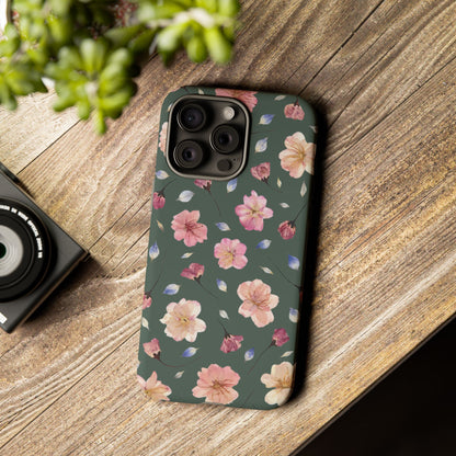 Coque Téléphone Samsung, iPhone & Google Pixel Renforcée Mate – Design Floral Fleurs de Cerisier sur Fond Verte Minéral | Protection Antichoc | Idée Cadeau Femme