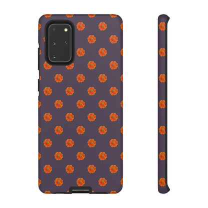 Coque Téléphone Samsung, iPhone & Google Pixel Renforcée Mate – Design Floral Epuré Fleurs de Cosmos Orange sur Fond Couleur Prune | Protection Antichoc | Idée Cadeau Femme