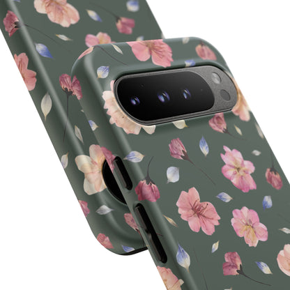 Coque Téléphone Samsung, iPhone & Google Pixel Renforcée Mate – Design Floral Fleurs de Cerisier sur Fond Verte Minéral | Protection Antichoc | Idée Cadeau Femme