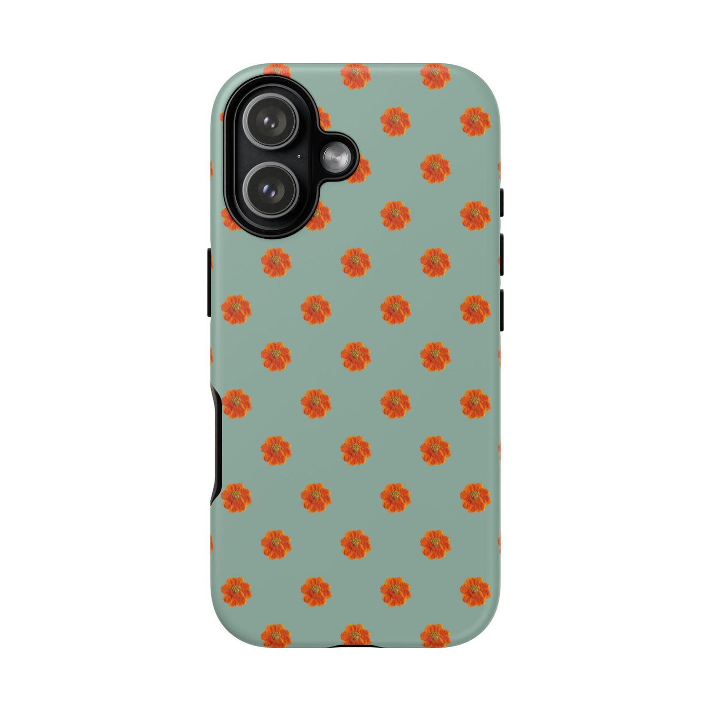 Coque Téléphone Samsung, iPhone & Google Pixel Renforcée Mate – Design Floral Epuré Fleurs de Cosmos Orange sur Fond Vert Eucalyptus | Protection Antichoc | Idée Cadeau Femme