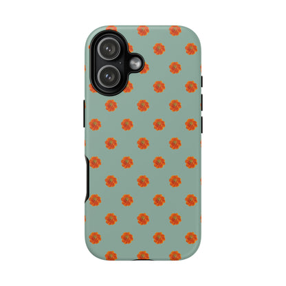 Coque Téléphone Samsung, iPhone & Google Pixel Renforcée Mate – Design Floral Epuré Fleurs de Cosmos Orange sur Fond Vert Eucalyptus | Protection Antichoc | Idée Cadeau Femme
