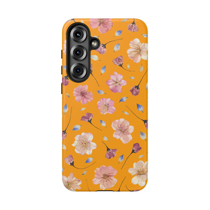 Coque Téléphone Samsung, iPhone & Google Pixel Renforcée Mate – Design Floral Fleurs de Cerisier sur Fond Couleur Curcuma| Protection Antichoc | Idée Cadeau Femme