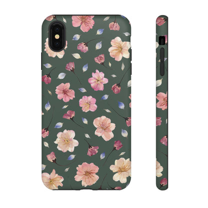 Coque Téléphone Samsung, iPhone & Google Pixel Renforcée Mate – Design Floral Fleurs de Cerisier sur Fond Verte Minéral | Protection Antichoc | Idée Cadeau Femme