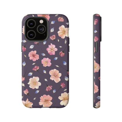 Coque Téléphone Samsung, iPhone & Google Pixel Renforcée Mate – Design Floral Fleurs de Cerisier sur Fond Couleur Prune | Protection Antichoc | Idée Cadeau Femme