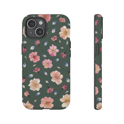 Coque Téléphone Samsung, iPhone & Google Pixel Renforcée Mate – Design Floral Fleurs de Cerisier sur Fond Verte Minéral | Protection Antichoc | Idée Cadeau Femme