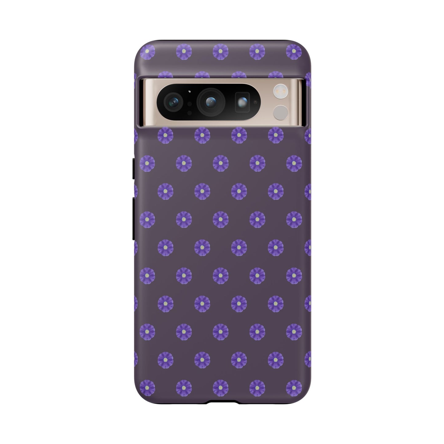Coque Téléphone Samsung, iPhone & Google Pixel Renforcée Mate – Design Floral Epuré Fleurs de Primevère sur Fond Couleur Prune| Protection Antichoc | Idée Cadeau Femme