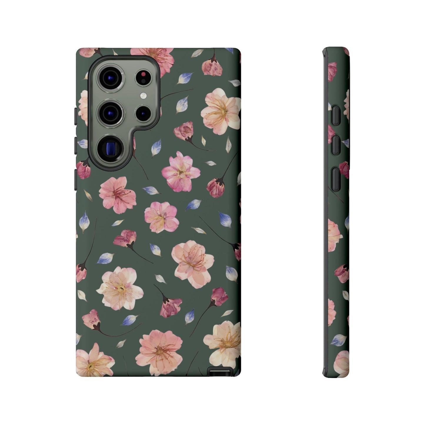 Coque Téléphone Samsung, iPhone & Google Pixel Renforcée Mate – Design Floral Fleurs de Cerisier sur Fond Verte Minéral | Protection Antichoc | Idée Cadeau Femme