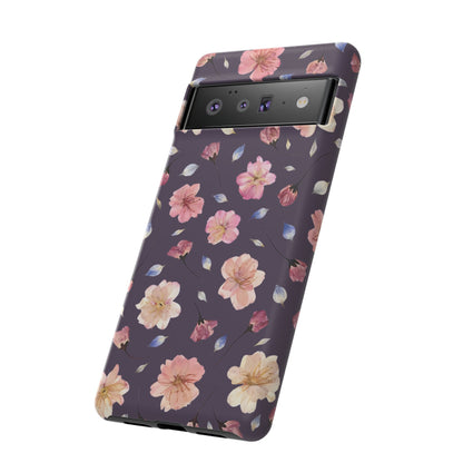 Coque Téléphone Samsung, iPhone & Google Pixel Renforcée Mate – Design Floral Fleurs de Cerisier sur Fond Couleur Prune | Protection Antichoc | Idée Cadeau Femme