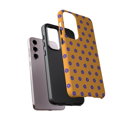 Coque Téléphone Samsung, iPhone & Google Pixel Renforcée Mate – Design Botanique Epuré Fleurs de Primevère sur Fond Ambre | Protection Antichoc | Idée Cadeau Femme