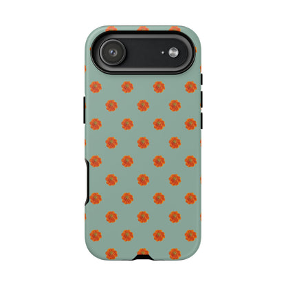 Coque Téléphone Samsung, iPhone & Google Pixel Renforcée Mate – Design Floral Epuré Fleurs de Cosmos Orange sur Fond Vert Eucalyptus | Protection Antichoc | Idée Cadeau Femme