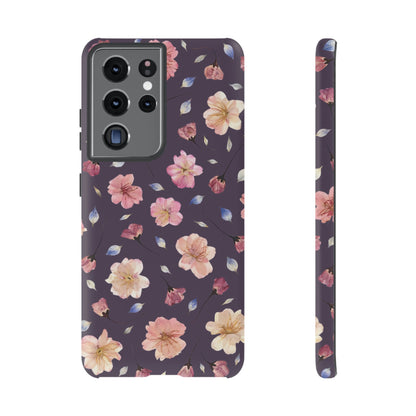 Coque Téléphone Samsung, iPhone & Google Pixel Renforcée Mate – Design Floral Fleurs de Cerisier sur Fond Couleur Prune | Protection Antichoc | Idée Cadeau Femme