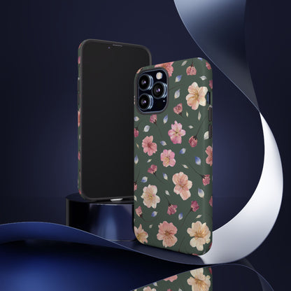 Coque Téléphone Samsung, iPhone & Google Pixel Renforcée Mate – Design Floral Fleurs de Cerisier sur Fond Verte Minéral | Protection Antichoc | Idée Cadeau Femme