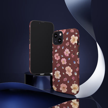 Coque Téléphone Samsung, iPhone & Google Pixel Renforcée Mate – Design Floral Fleurs de Cerisier sur Fond Bordeaux | Protection Antichoc | Idée Cadeau Pour Elle