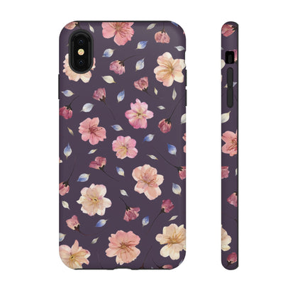 Coque Téléphone Samsung, iPhone & Google Pixel Renforcée Mate – Design Floral Fleurs de Cerisier sur Fond Couleur Prune | Protection Antichoc | Idée Cadeau Femme