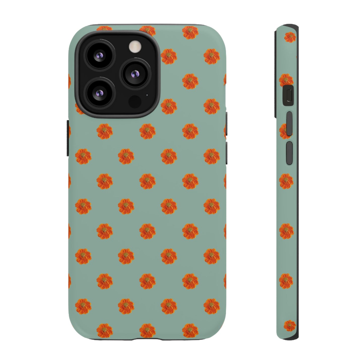 Coque Téléphone Samsung, iPhone & Google Pixel Renforcée Mate – Design Floral Epuré Fleurs de Cosmos Orange sur Fond Vert Eucalyptus | Protection Antichoc | Idée Cadeau Femme