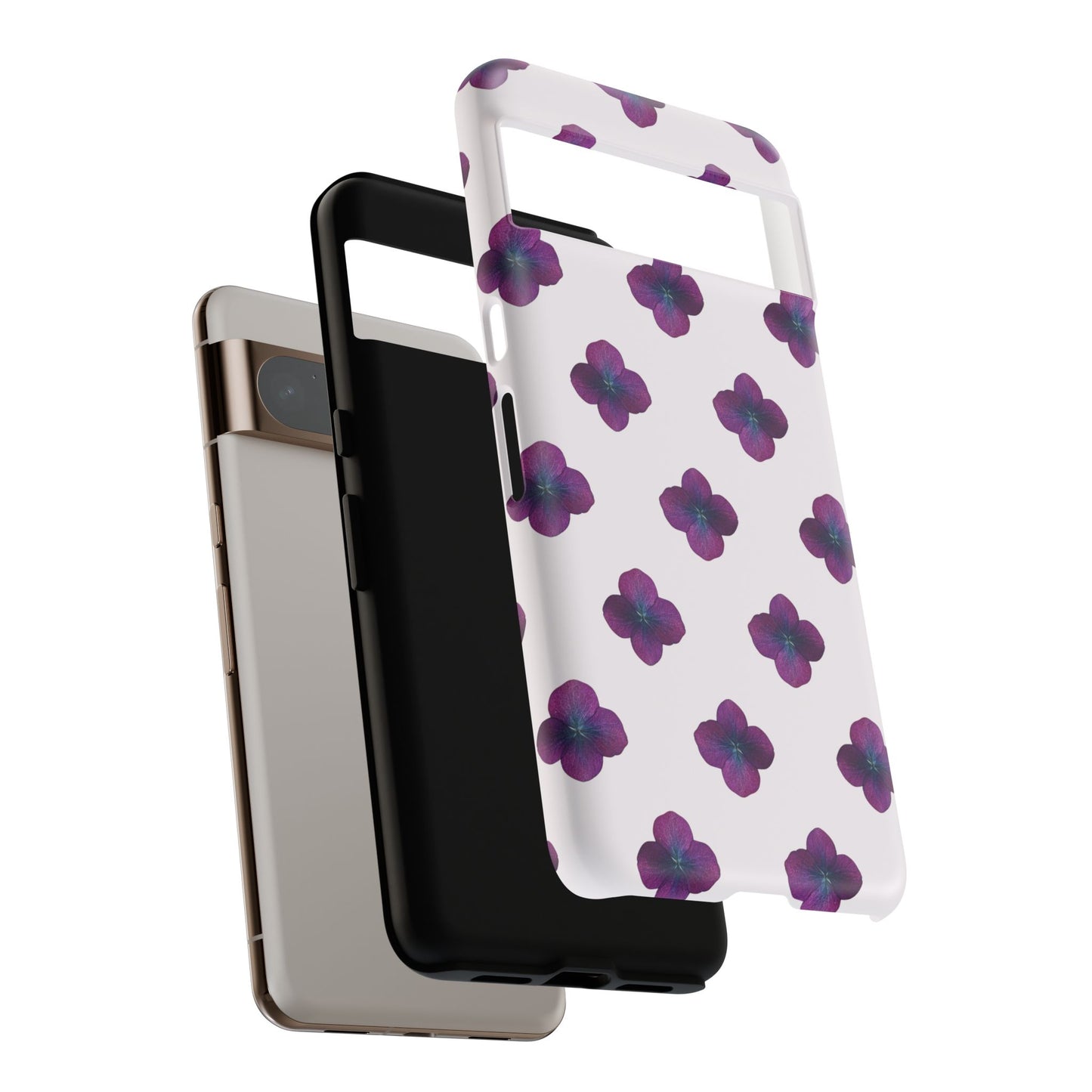 Coque Téléphone Samsung, iPhone & Google Pixel Renforcée Mate – Design Floral Epuré Fleurs de Hortensia sur Fond Blanc Perlé | Protection Antichoc | Idée Cadeau Anniversaire