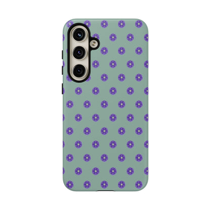 Coque Téléphone Samsung, iPhone & Google Pixel Renforcée Mate – Design Floral Epuré Fleurs de Primevère sur Fond Vert Eucalyptus | Protection Antichoc | Idée Cadeau Anniverssaire