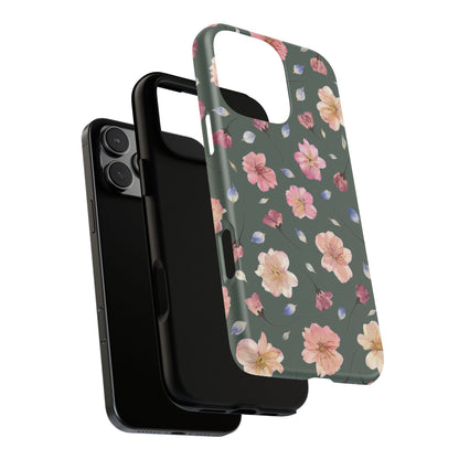 Coque Téléphone Samsung, iPhone & Google Pixel Renforcée Mate – Design Floral Fleurs de Cerisier sur Fond Verte Minéral | Protection Antichoc | Idée Cadeau Femme
