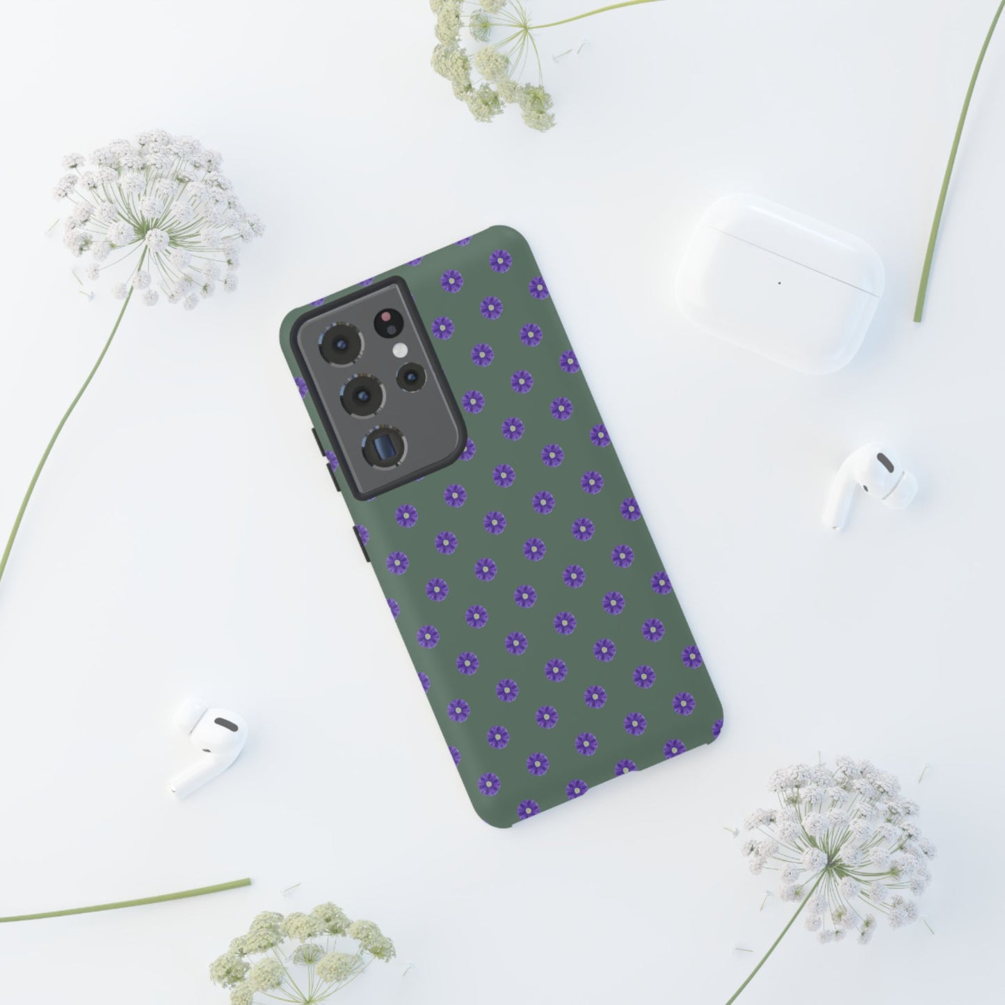 Coque Téléphone Samsung, iPhone & Google Pixel Renforcée Mate – Design Floral Epuré Fleurs de Primevère sur Fond Vert Minéral | Protection Antichoc | Idée Cadeau Femme