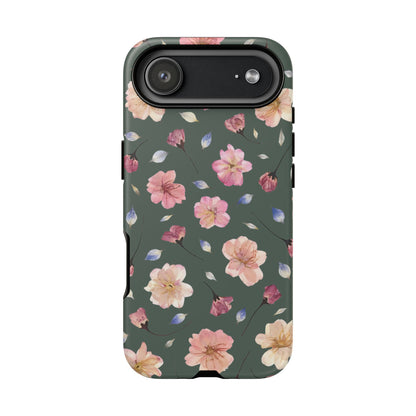Coque Téléphone Samsung, iPhone & Google Pixel Renforcée Mate – Design Floral Fleurs de Cerisier sur Fond Verte Minéral | Protection Antichoc | Idée Cadeau Femme