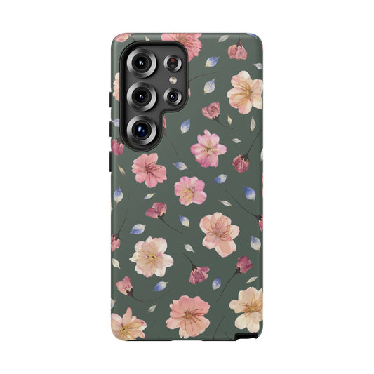 Coque Téléphone Samsung, iPhone & Google Pixel Renforcée Mate – Design Floral Fleurs de Cerisier sur Fond Verte Minéral | Protection Antichoc | Idée Cadeau Femme