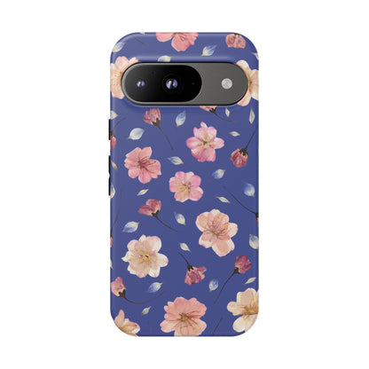 Coque Téléphone Samsung, iPhone & Google Pixel Renforcée Mate – Design Floral Fleurs de Cerisier sur Fond Bleu Encre | Protection Antichoc | Idée Cadeau Pour Elle