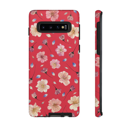 Coque Téléphone Samsung, iPhone & Google Pixel Renforcée Mate – Design Floral Fleurs de Cerisier sur Fond Rouge Féminin | Protection Antichoc | Idée Cadeau Femme