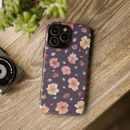 Coque Téléphone Samsung, iPhone & Google Pixel Renforcée Mate – Design Floral Fleurs de Cerisier sur Fond Couleur Prune | Protection Antichoc | Idée Cadeau Femme