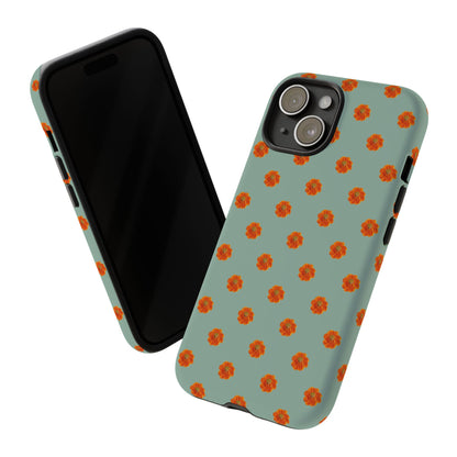 Coque Téléphone Samsung, iPhone & Google Pixel Renforcée Mate – Design Floral Epuré Fleurs de Cosmos Orange sur Fond Vert Eucalyptus | Protection Antichoc | Idée Cadeau Femme