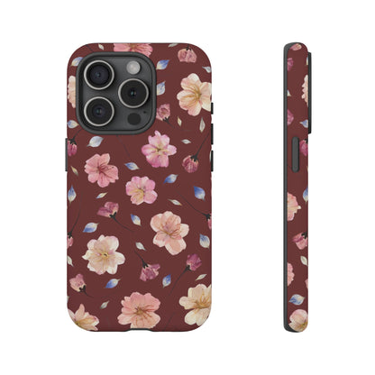 Coque Téléphone Samsung, iPhone & Google Pixel Renforcée Mate – Design Floral Fleurs de Cerisier sur Fond Bordeaux | Protection Antichoc | Idée Cadeau Pour Elle