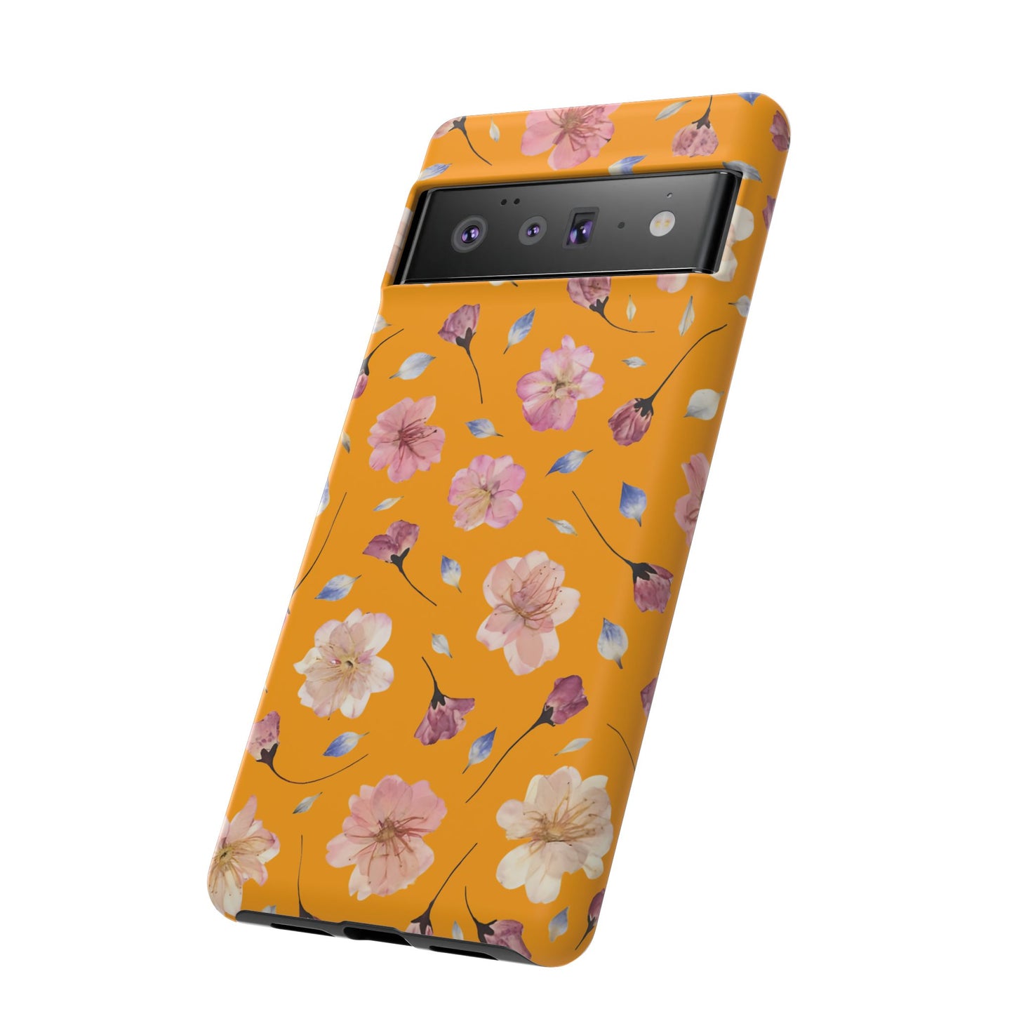Coque Téléphone Samsung, iPhone & Google Pixel Renforcée Mate – Design Floral Fleurs de Cerisier sur Fond Couleur Curcuma| Protection Antichoc | Idée Cadeau Femme