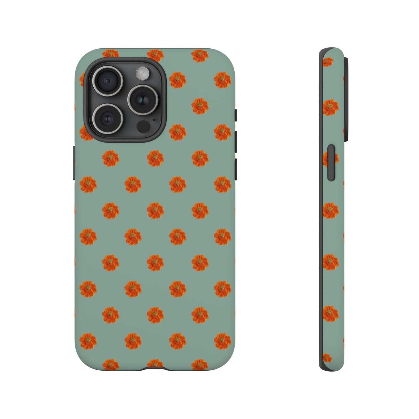 Coque Téléphone Samsung, iPhone & Google Pixel Renforcée Mate – Design Floral Epuré Fleurs de Cosmos Orange sur Fond Vert Eucalyptus | Protection Antichoc | Idée Cadeau Femme